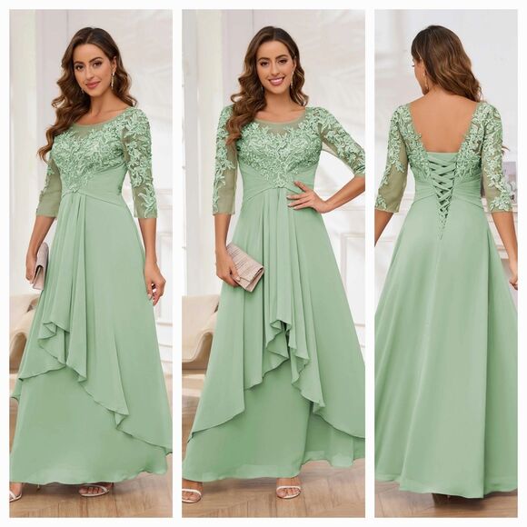 New Mother of the Bride/Groom (12) Dusty Sage Green Lace & Chiffon Ruched Dress - Picture 1 of 13